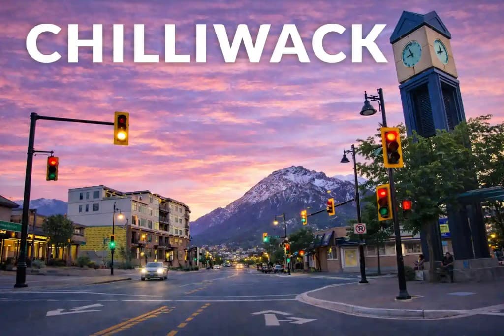 Downtown Chilliwack with mountains - local driving lessons
